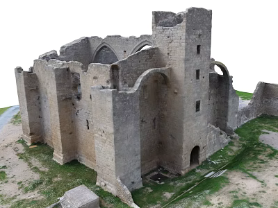 Ancient Building Ruins With Medieval Stone Walls Arched Openings Surrounded By Grass 3d model