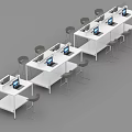 Multiple White Office Desks With Laptops And Gray Chairs Arranged In Workspace 3d model