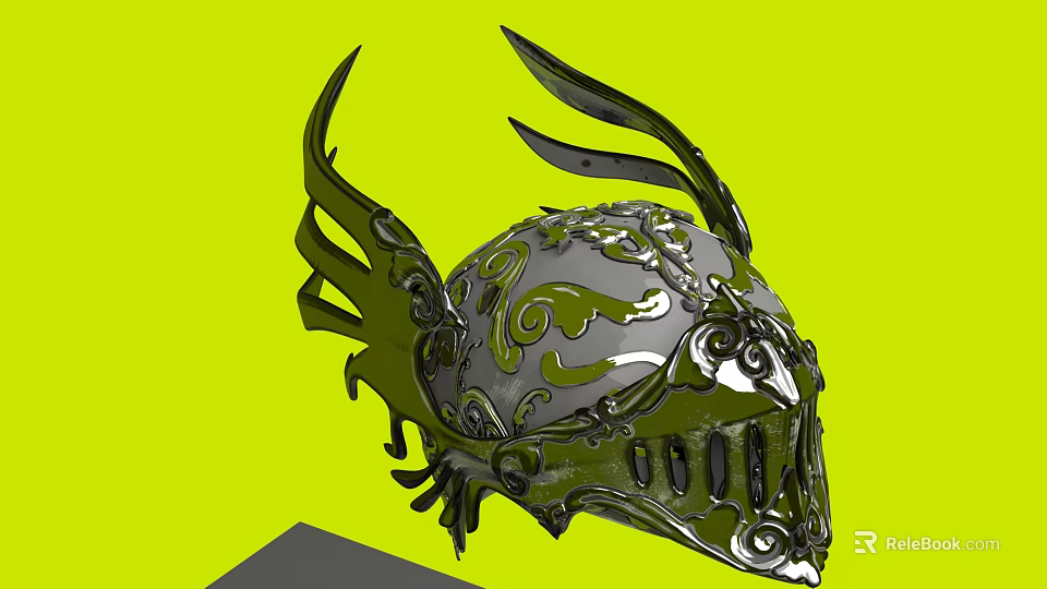 Intricate Metallic Helmet With Decorative Wing Like Structures And Ornate Patterns 3d model 
