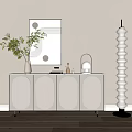 Modern Minimalist Entryway Cabinet Sideboard With White Arched Doors Green Plant Vase And Artwork