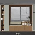 Modern Wooden Bay Window Cabinet With Blinds Bookshelf And Hanging Lamp Plant