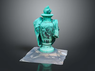 Turquoise Vase Shaped Sculpture Carving with Figural Details and Transparent Base on Black Background 3d model