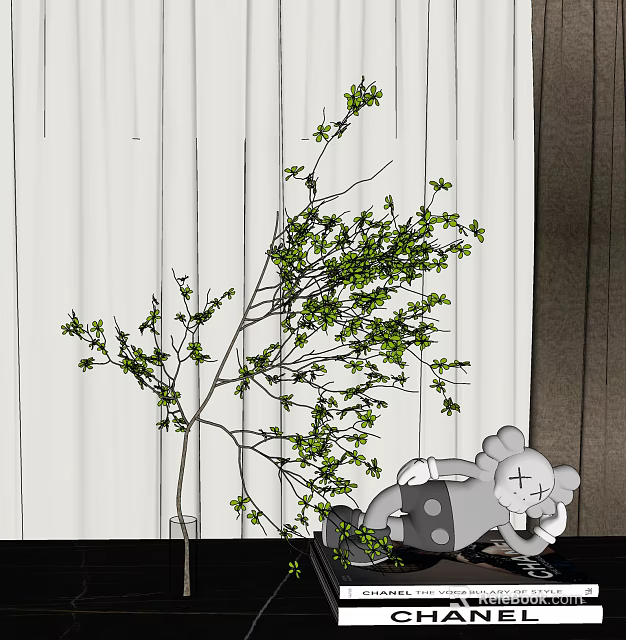 Decorative Ornament Set with Green Leaf Tree and Gray Cartoon Figure for Indoor Home Decor 3d model 