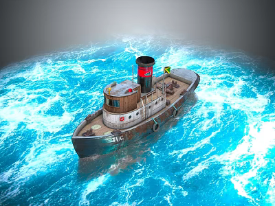 Vintage Tugboat Sailing On Blue Ocean Waves With Red Chimney And Wooden Hull 3d model