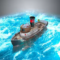 Vintage Tugboat Sailing On Blue Ocean Waves With Red Chimney And Wooden Hull