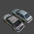 Two Cars Parked Side By Side With White And Rusted Damaged Exteriors