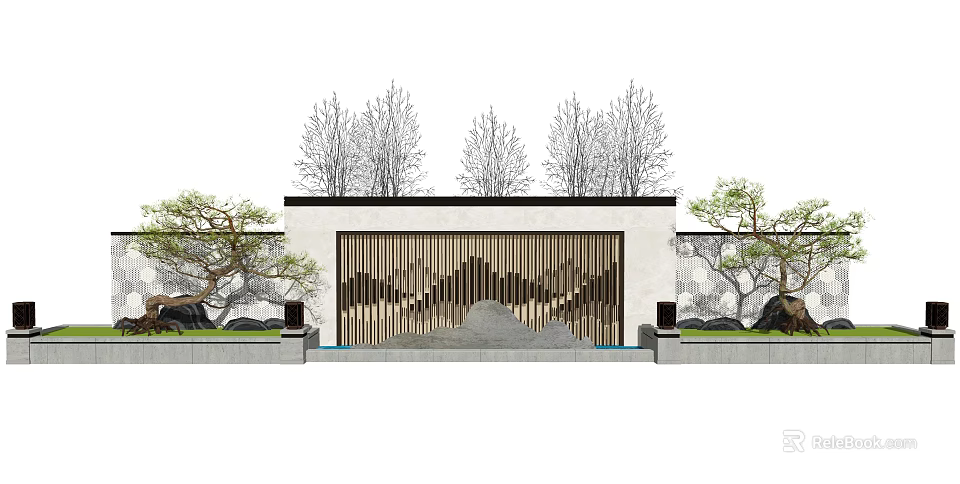 Modern Scenic Wall Design With Metal Grille Mountain Pattern And Surrounding Trees And Stone Features 3d model 
