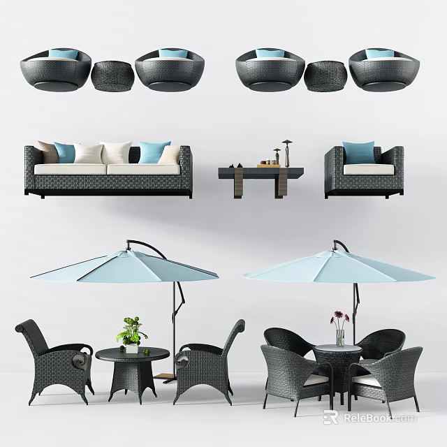 Outdoor Wicker Table Set With Blue Umbrella Sofa Garden Chairs And Decorative Plants 3d model 