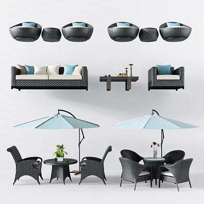 Outdoor Wicker Table Set With Blue Umbrella Sofa Garden Chairs And Decorative Plants 3d model