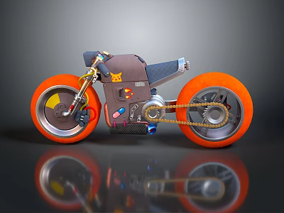 Unique Stylish Motorcycle With Orange Wheels Gray Body And Chain Details 3d model
