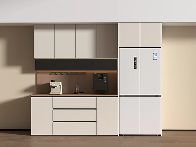 Modern Kitchen Sideboard With White Cabinets Drawers And Coffee Machine 3d model