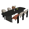 Modern Dark Oval Dining Table With Gray And Brown Chairs Green Plants And Fruit Bowl
