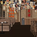 Traditional Bar Interior With Hanging Lanterns Decorative Paintings Wooden Floor And Bar Counter