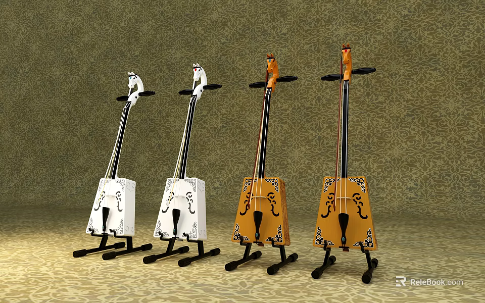 Unique Musical Instrument Sculpture Carving With White Yellow Color And Carved Patterns On Base Support 3d model 