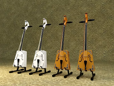 Unique Musical Instrument Sculpture Carving With White Yellow Color And Carved Patterns On Base Support 3d model