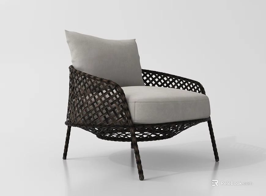 Modern Woven Rattan Leisure Chair With Light Gray Cushion And Minimalist Design 3d model 