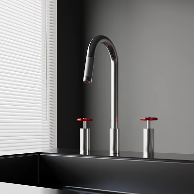 Modern Kitchen Faucet With Two Red Knob Handles Against White Blinds And Black Countertop 3d model