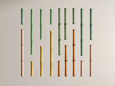 Various Colored Bamboo Poles Arranged in Display with Green Pink Yellow Brown Tones 3d model
