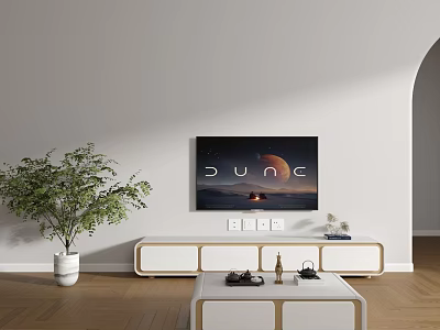 Modern White TV Stand With Flat Screen TV Green Plant And Wooden Floor 3d model