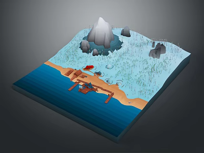 Ocean Beach Scene With Wooden Pier Small Boat Iceberg Rocks And Aquatic Plants 3d model