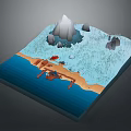 Ocean Beach Scene With Wooden Pier Small Boat Iceberg Rocks And Aquatic Plants
