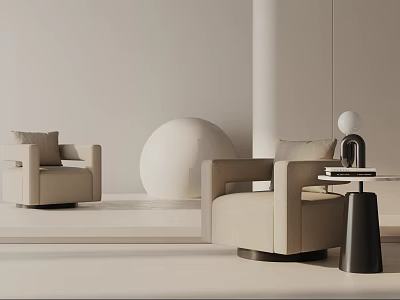 Beige Single Sofa In Modern Minimalist Room With White Spherical Decor And Black Side Table 3d model