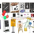 Various Advertising Boards With Hand drawn Menu Signages Promotion Displays And Decorative Balloons