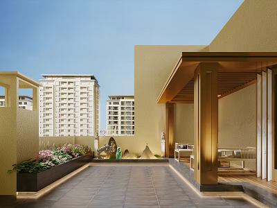 Terrace Garden Landscape With Golden Pavilion Outdoor Furniture Flower Plants And High Rise Background 3d model