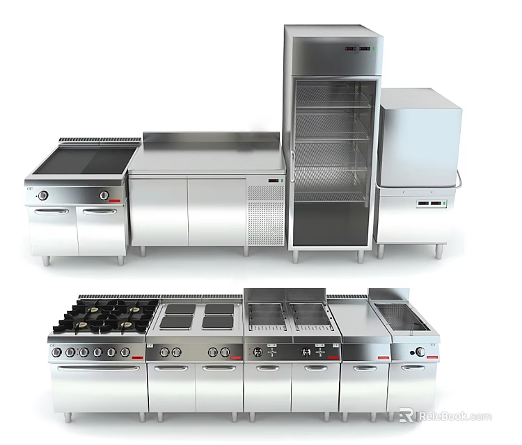 Modern Stainless Steel Kitchen Appliances With Cooking Stove Workbench And Refrigerator 3d model 