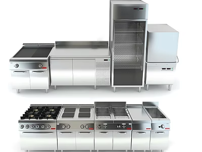 Modern Stainless Steel Kitchen Appliances With Cooking Stove Workbench And Refrigerator 3d model