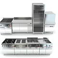 Modern Stainless Steel Kitchen Appliances With Cooking Stove Workbench And Refrigerator