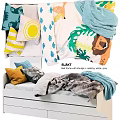 Colorful Kids Bed With Patterned Pillows Soft Blankets And Storage Drawers 3d model