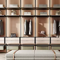 Modern Walk In Closet With Storage Shelves Hanging Clothes And Bench