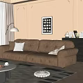 Brown Plush Double Sofa With Throw Pillows Floor Lamp And Coffee Table In Living Room