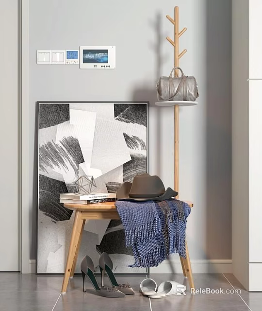 Elegant Floor Standing Clothes Hanger With Hat Scarf Bag And Small Wooden Table 3d model 