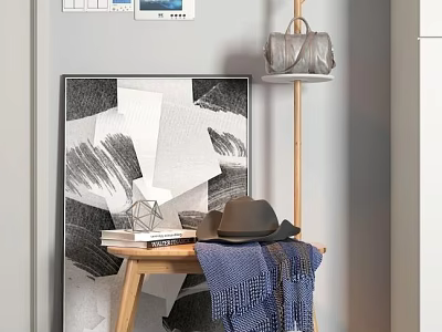 Elegant Floor Standing Clothes Hanger With Hat Scarf Bag And Small Wooden Table 3d model