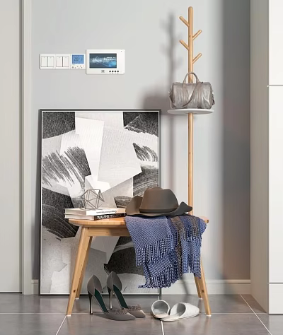 Elegant Floor Standing Clothes Hanger With Hat Scarf Bag And Small Wooden Table 3d model