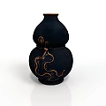 Black Gourd Shaped Carved Sculpture With Golden Intricate Patterns And Smooth Surface