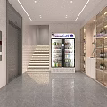 Modern Front Desk Reception With Marble Countertop Red Receptionist Gray Backdrop Wall And Green Plant