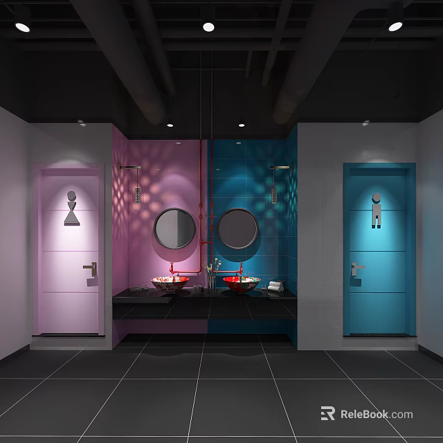 Public Toilet Modern Design With Pink And Blue Stall Doors Mirrors And Washbasins 3d model 