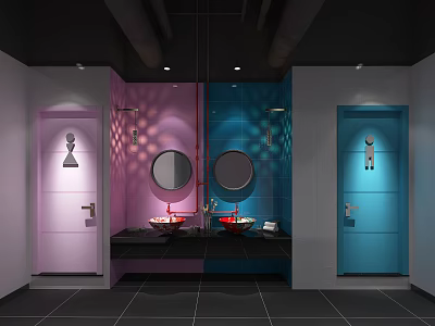 Public Toilet Modern Design With Pink And Blue Stall Doors Mirrors And Washbasins 3d model
