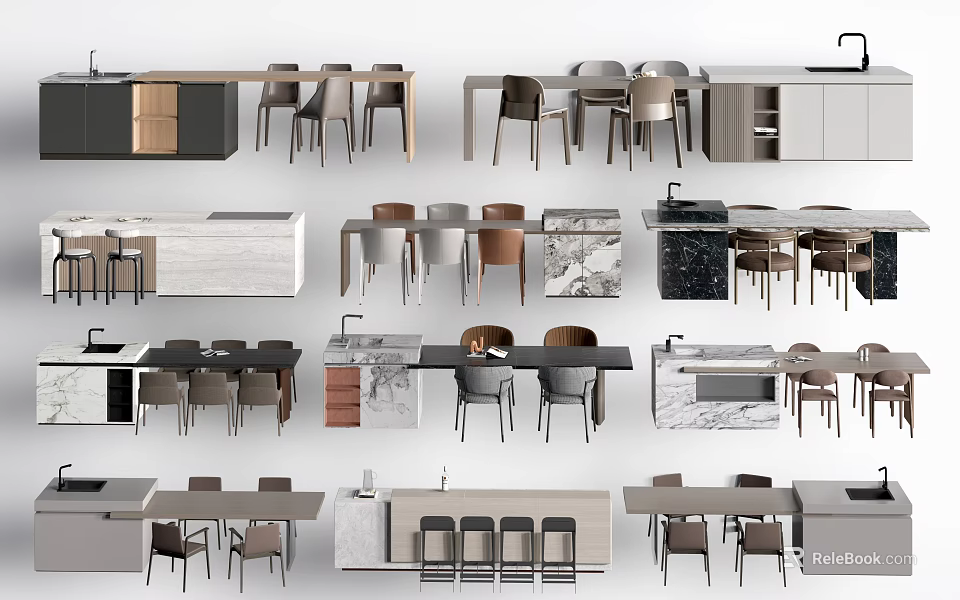 Various Dining Chairs With Dining Tables Kitchen Island And Cabinets Setup 3d model