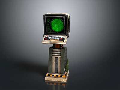 Vintage Industrial Control Console With Green Screen And Warning Striped Stand 3d model