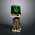 Vintage Industrial Control Console With Green Screen And Warning Striped Stand