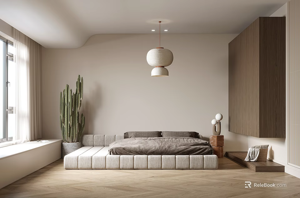 Modern Minimalist Bedroom Design With Light Walls Wooden Flooring White Pendant Lights And Green Plant 3d model 
