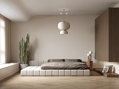 Modern Minimalist Bedroom Design With Light Walls Wooden Flooring White Pendant Lights And Green Plant 3d model