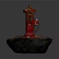 Red Fire Hydrant On Black Stone Base With Yellow Warning Stripes