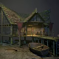 Old Wooden Cottage Model With Mossy Roof Wooden Dock And Small Boat On Stone Base