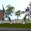 Two Giant Robots Standing By Palm Trees Near Traditional Wooden Building And Hedge