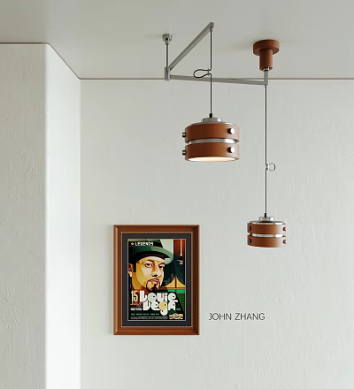 Modern Pendant Lamps Hanging Near Framed John Zhang Poster In Interior 3d model